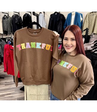 Dash Forward Thankful Brown Sweatshirt with embroidered letters