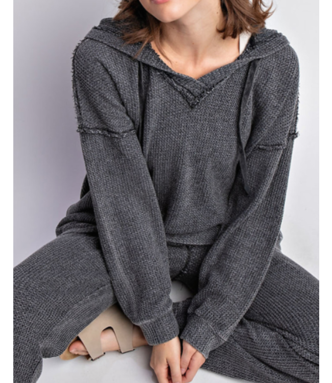 Mineral Washed Waffle Knit Oversized Hoodie Top with Pockets