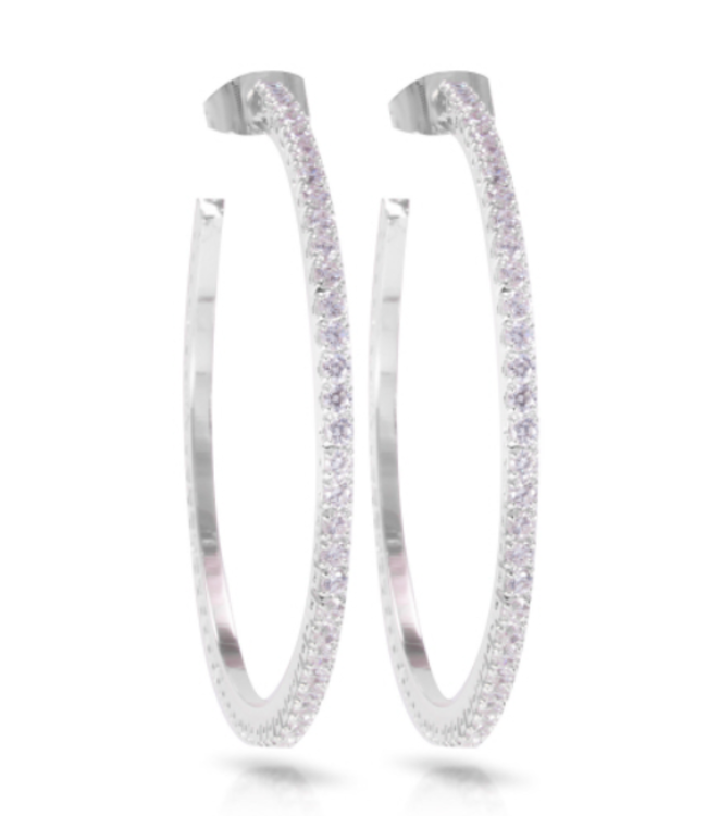 Rhodium Silver CZ Hoop Earrings