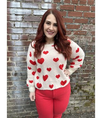 Miss Sparkling Round Neck Puff Long Sleeve Fuzzy Heart Pattern Sweater