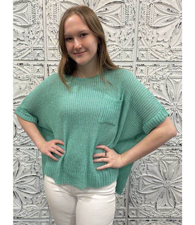 Oversized Round Neck Open Knit Sweater with Ribbed Cuff Sleeve and Chest Pocket