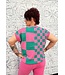 Reg/Curvy Checker Pattern Drop Shoulder Round Neck Knit Top