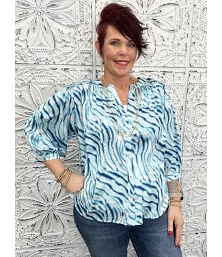 Entro Vibrant Print V-Neck with 3/4 Sleeve and Shirred Back Detail