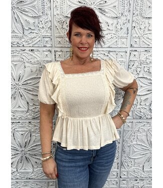 easel Crochet Trim Square Neck Puff Sleeve Smocked Top
