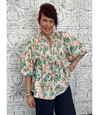 Entro 3/4 Sleeve Smock Front Top with Leaf Print