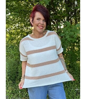 First Love Reg/Curvy Stripe Round Neck Short Sleeve Sweater