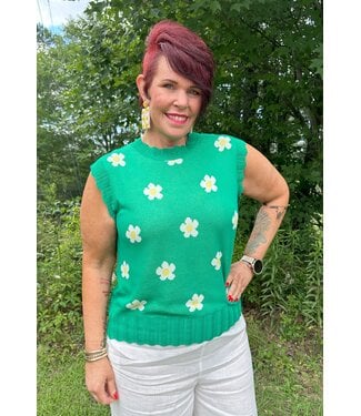 First Love Floral Pattern Sleeveless Sweater with Crochet Trim Details