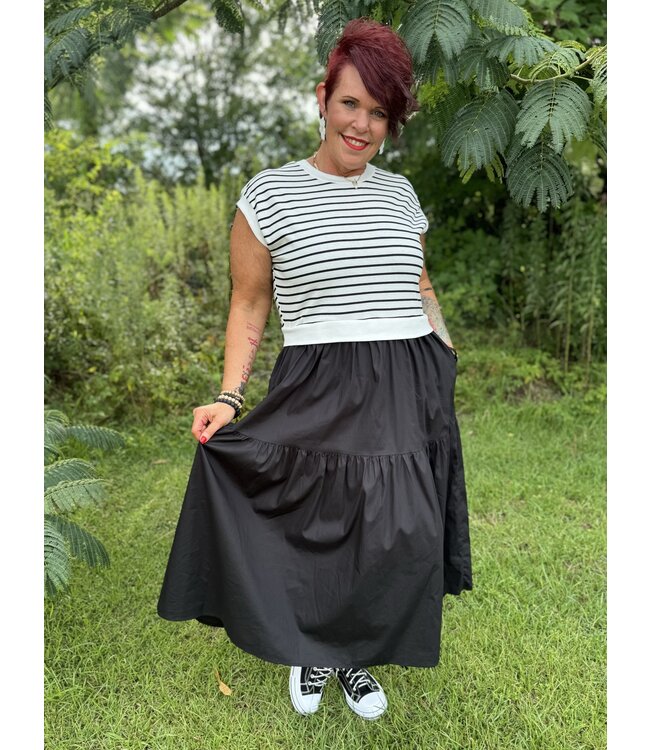 A-Line Striped Bodice Dress with Round Neck and Cap Sleeves and Flared Skirt