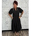 Split Neck Tiered Midi Dress with Puff Sleeves and Seam Detailing