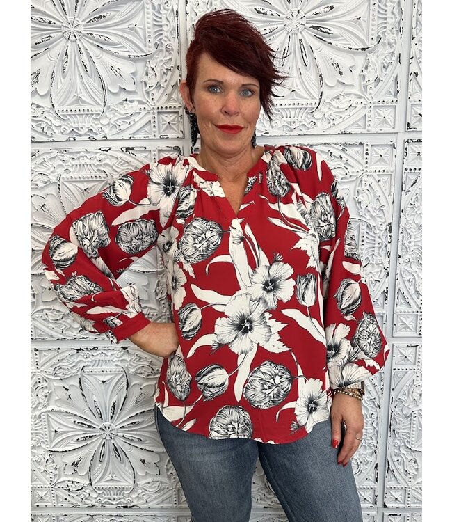 Split Neck Long Sleeve Floral Top