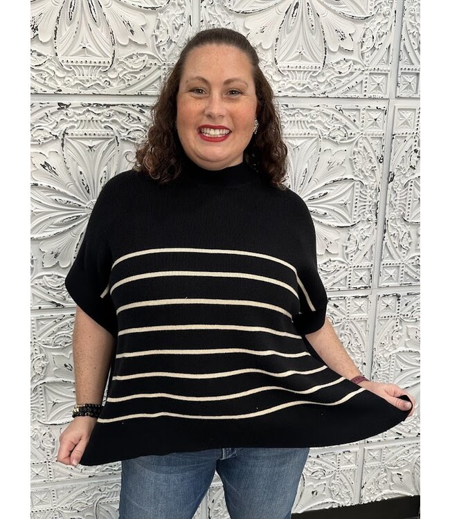 Ribbed High Neck Striped Poncho