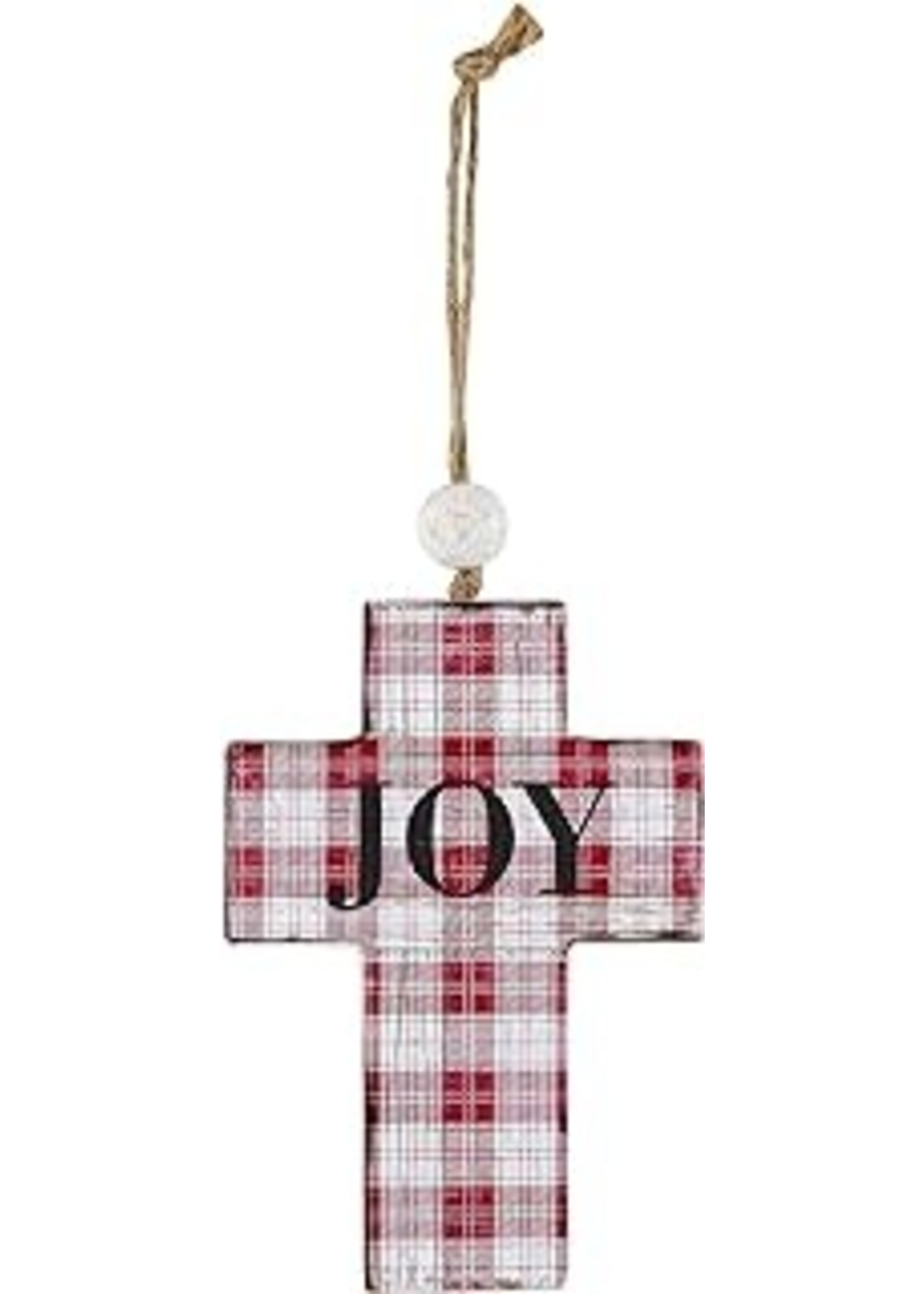 Hanging Cross-Joy-Red Plaid w/Jute Hanger (7")