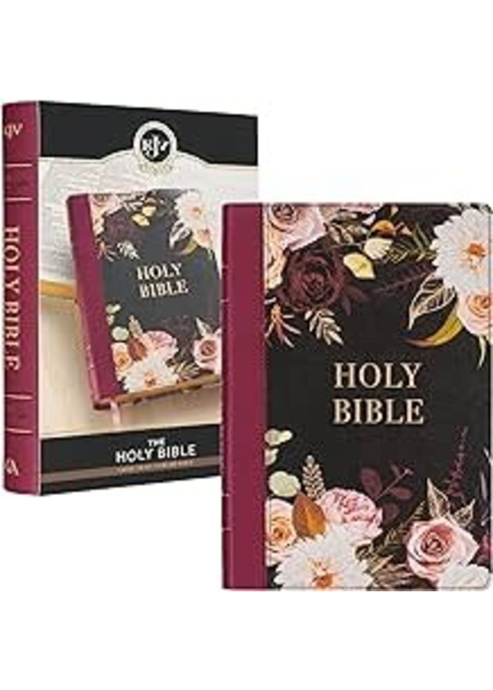KJV Large Print Thinline Bible-Black/Burgundy Floral Printed Faux Leather