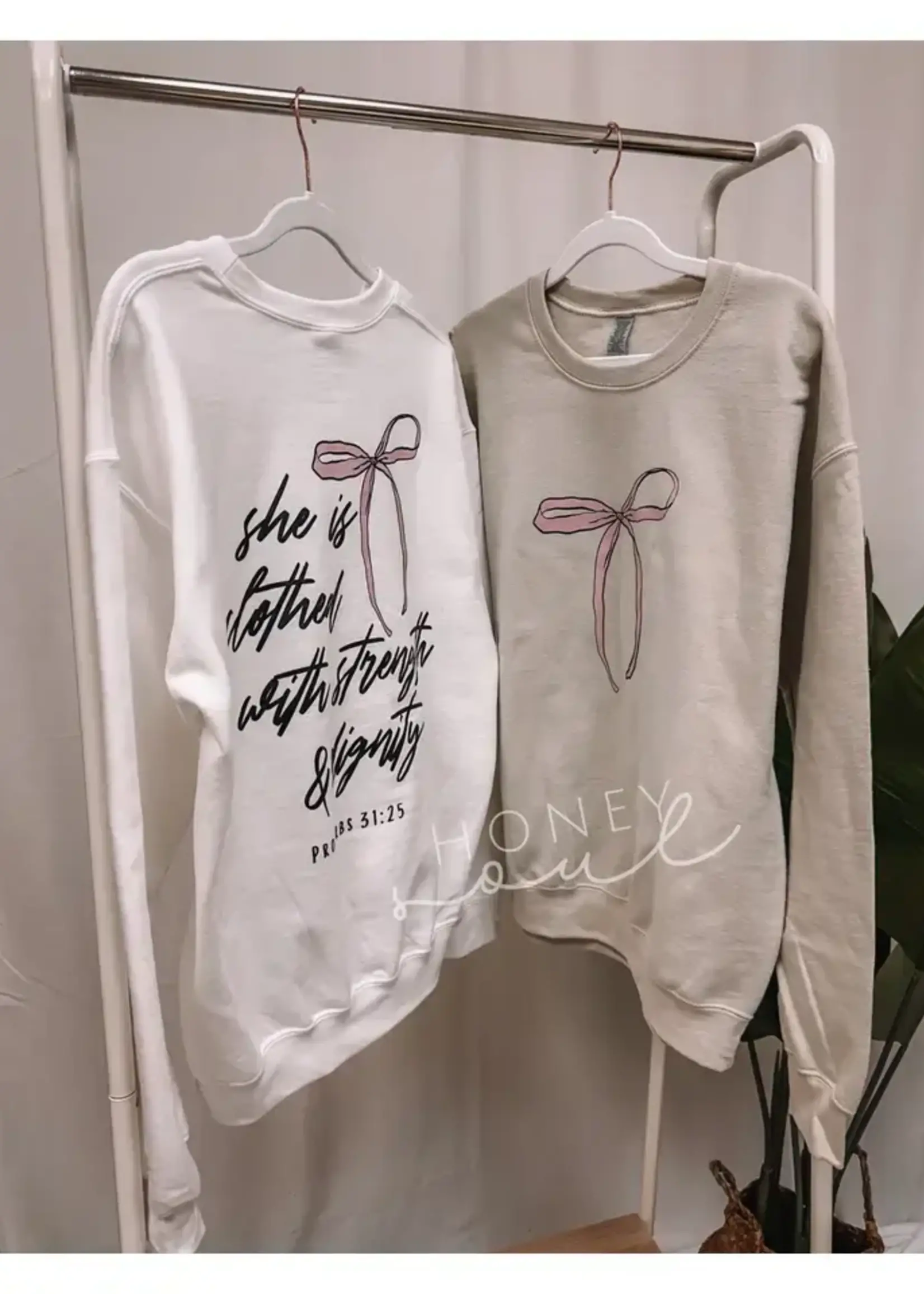 HONEY SOUL LLC SHE IS CLOTHED BOW  SWEATSHIRT