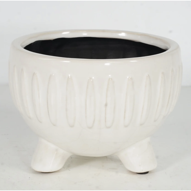 6" White Striped Footed Ceramic Pot