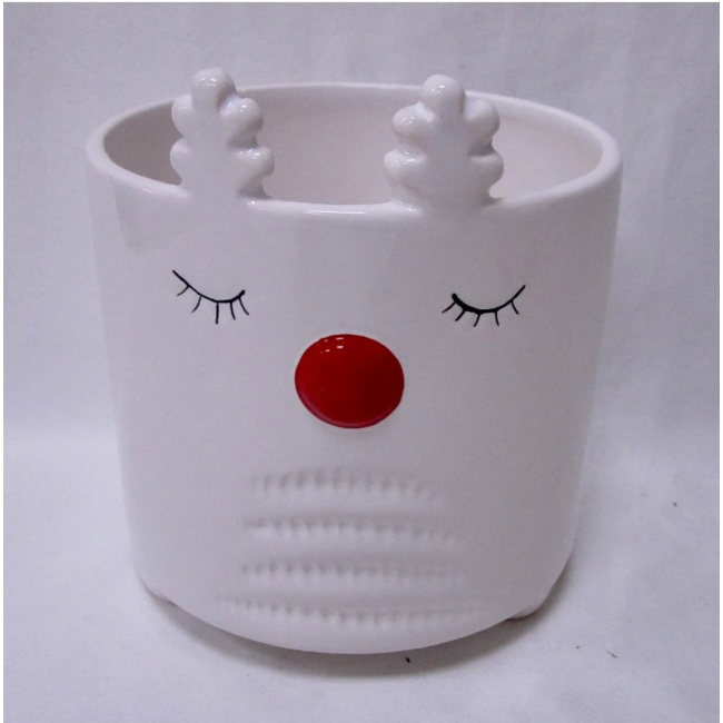 4" White Reindeer Glazed Dolomite Pot