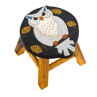 Hand-Carved Acacia Wood Owl Footstool