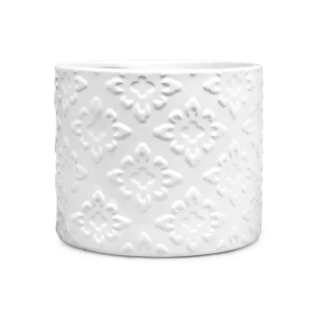 6" White Glazed Floral Motif Pot