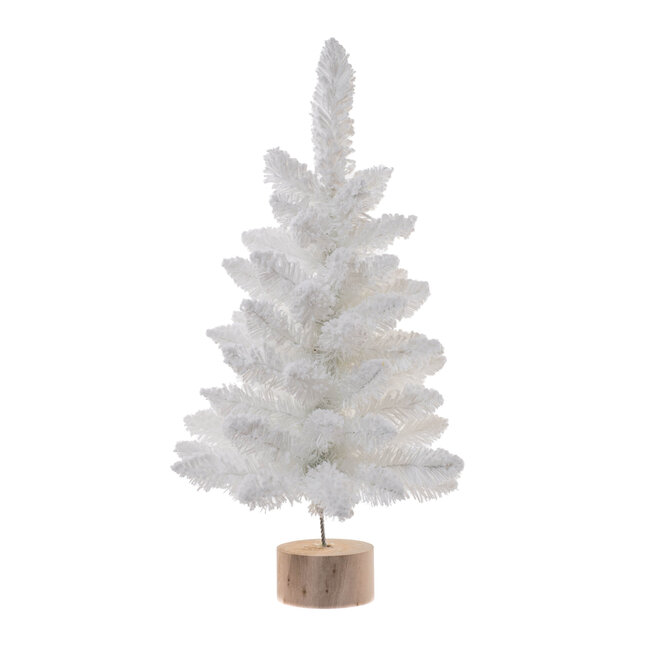 24" White Flocked Tree w/ Wooden Base