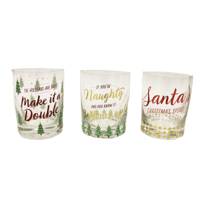 Xmas Sayings Low Ball Glass 3Pc