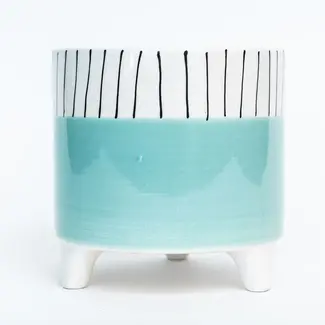 6" Footed Aqua Pot w/ Striped Rim