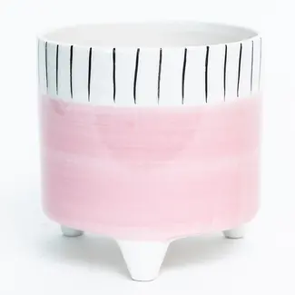 6" Footed Pink Pot w/ Striped Rim