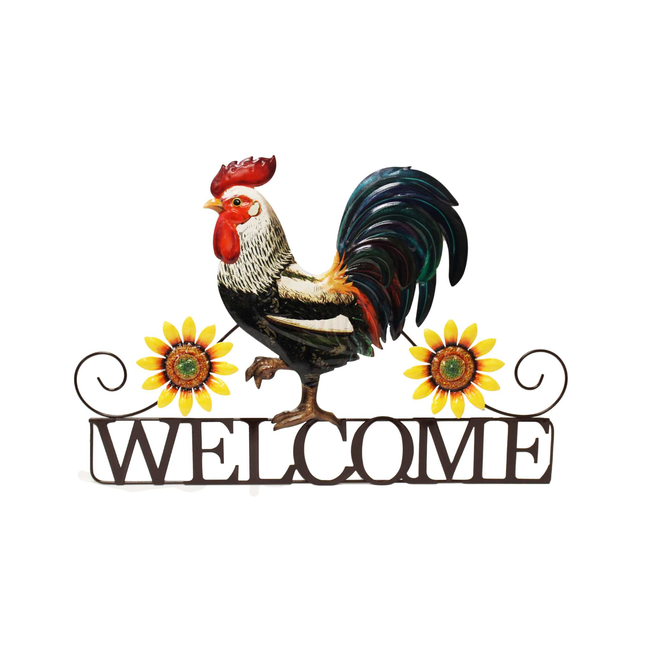 Metal Rooster & Flower Welcome Sign