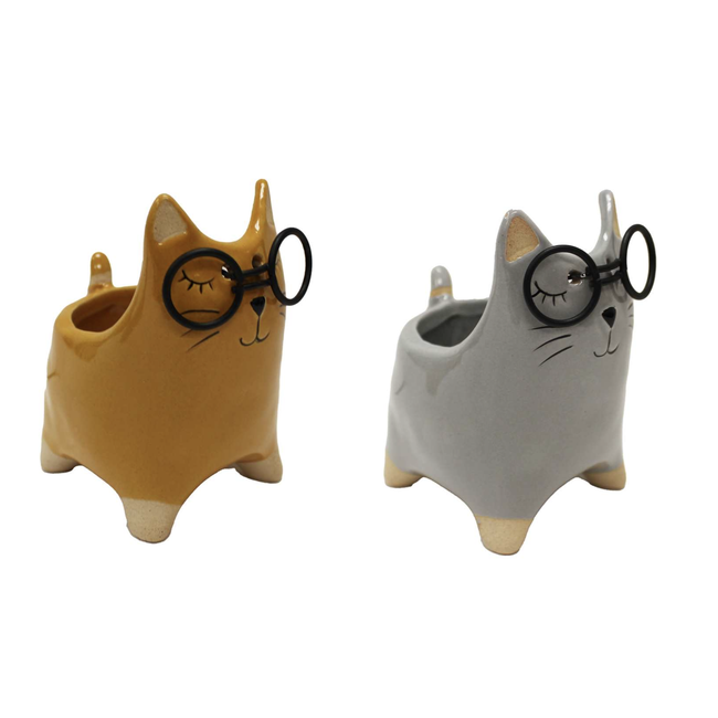 3" Ceramic Cat w/ Glasses Planter