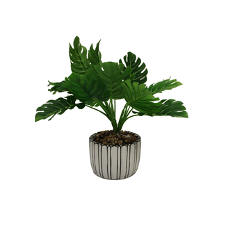 Artificial Monstera Plant w/ Striped Pot