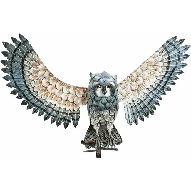 9" Blue/White Metal Owl Wings Out