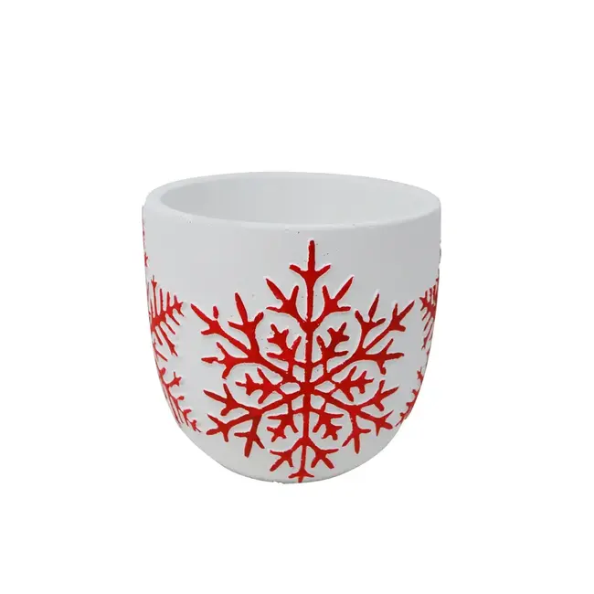 Cement Pot w/ Red Snowflakes