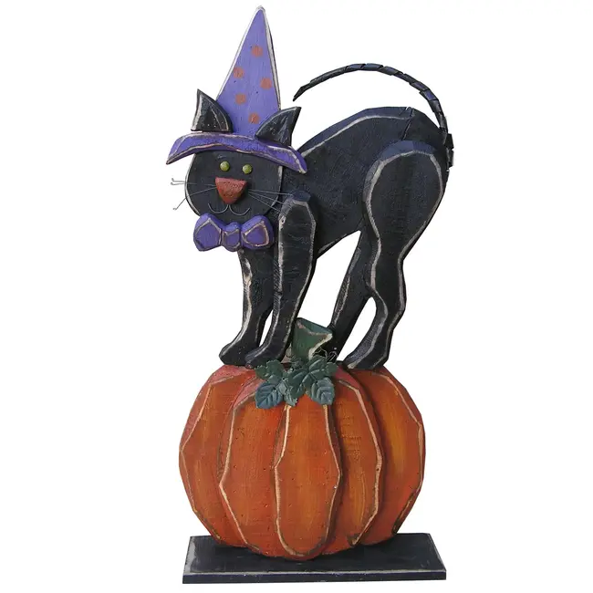 Wooden Black Cat w/ Pumpkin