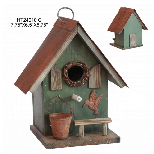 Wooden Green Birdhouse w/ Pail