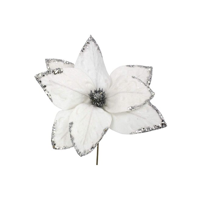 26" White/Silver Poinsettia Pick