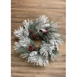 18" Snowy Leaf Pine Wreath w/ Berries