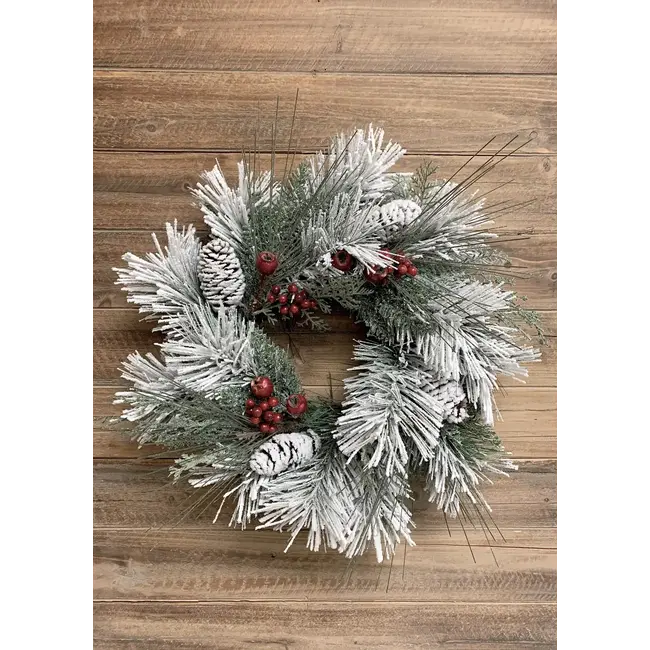 18" Snowy Leaf Pine Wreath w/ Berries