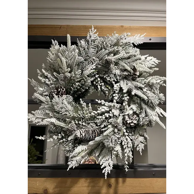 24" Winter Snowy Douglas Fir & Cedar Wreath