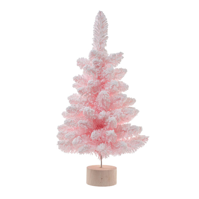 24" Pink/White Flocked Table Top Tree w/ Wooden Base