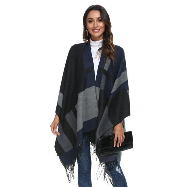 Black/Grey Plaid Poncho