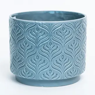 6" Blue Glazed Peacock Design Pot
