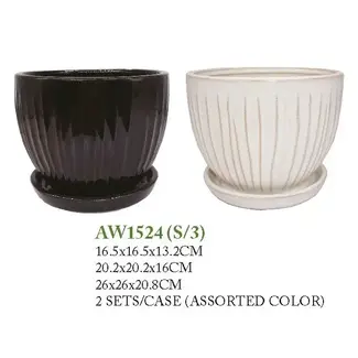 Black/Cream Ceramic Pot w/ Saucer