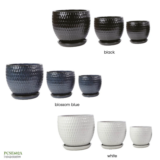 Round Glazed Textured Pot w/ Saucer