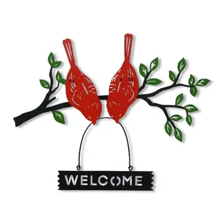 Metal Red Birds on Branch Welcome Sign