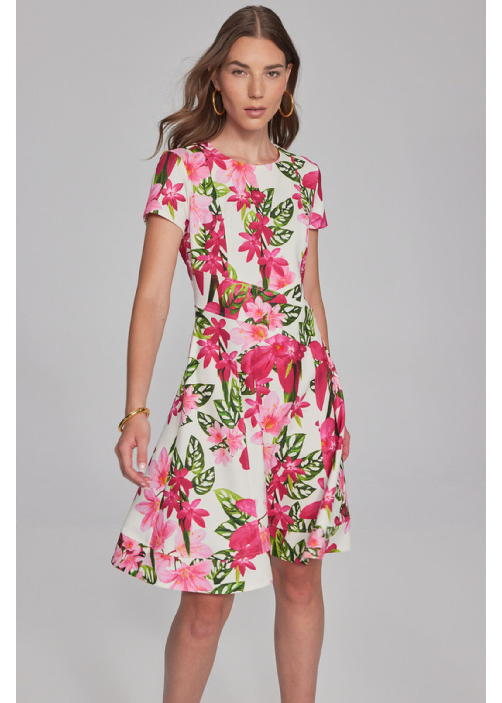 JOSEPH RIBKOFF PRINT MIDI DRESS WITH RUSHED WAIST