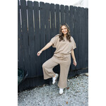 Khaki Textured Flutter Sleeve Top with Wide Leg Pants Set