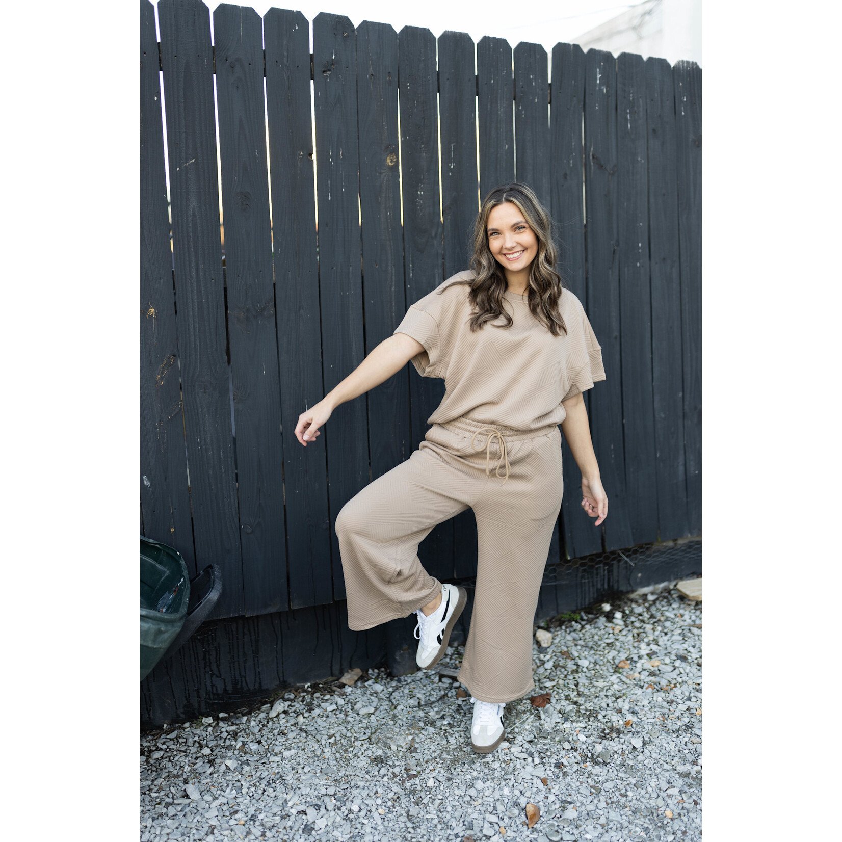 Khaki Textured Flutter Sleeve Top with Wide Leg Pants Set