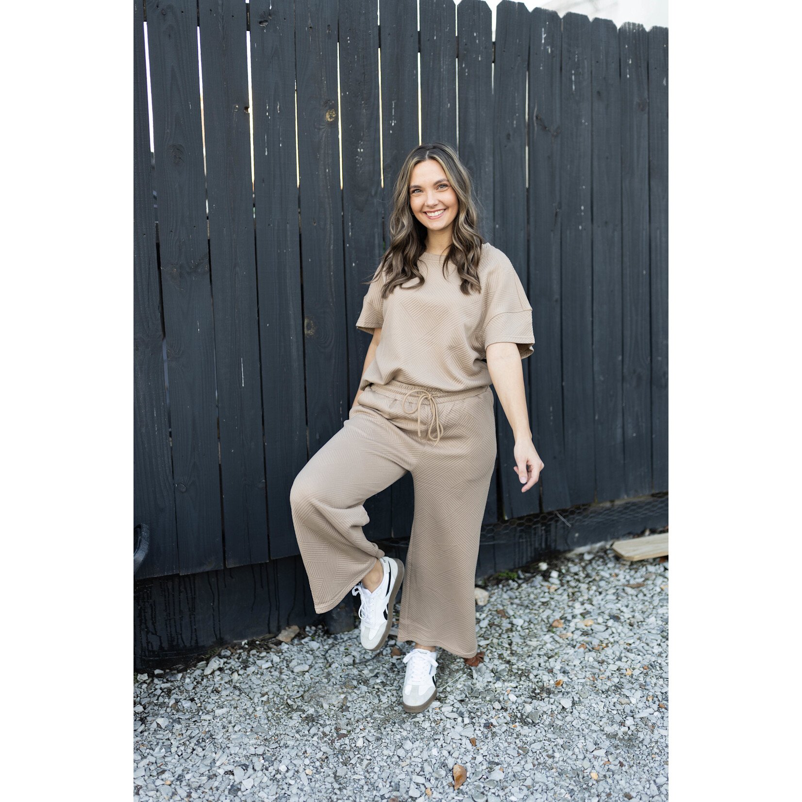 Khaki Textured Flutter Sleeve Top with Wide Leg Pants Set