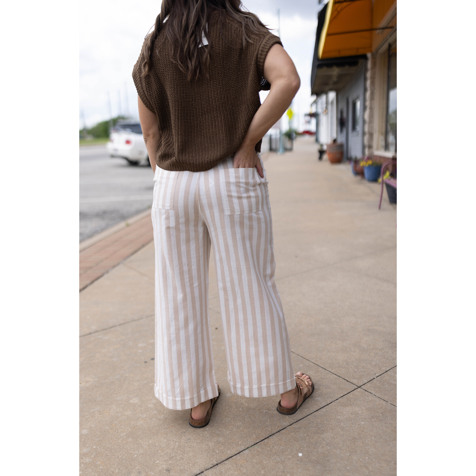 BEIGE LINEN STRIPE PATTERN TROUSERS