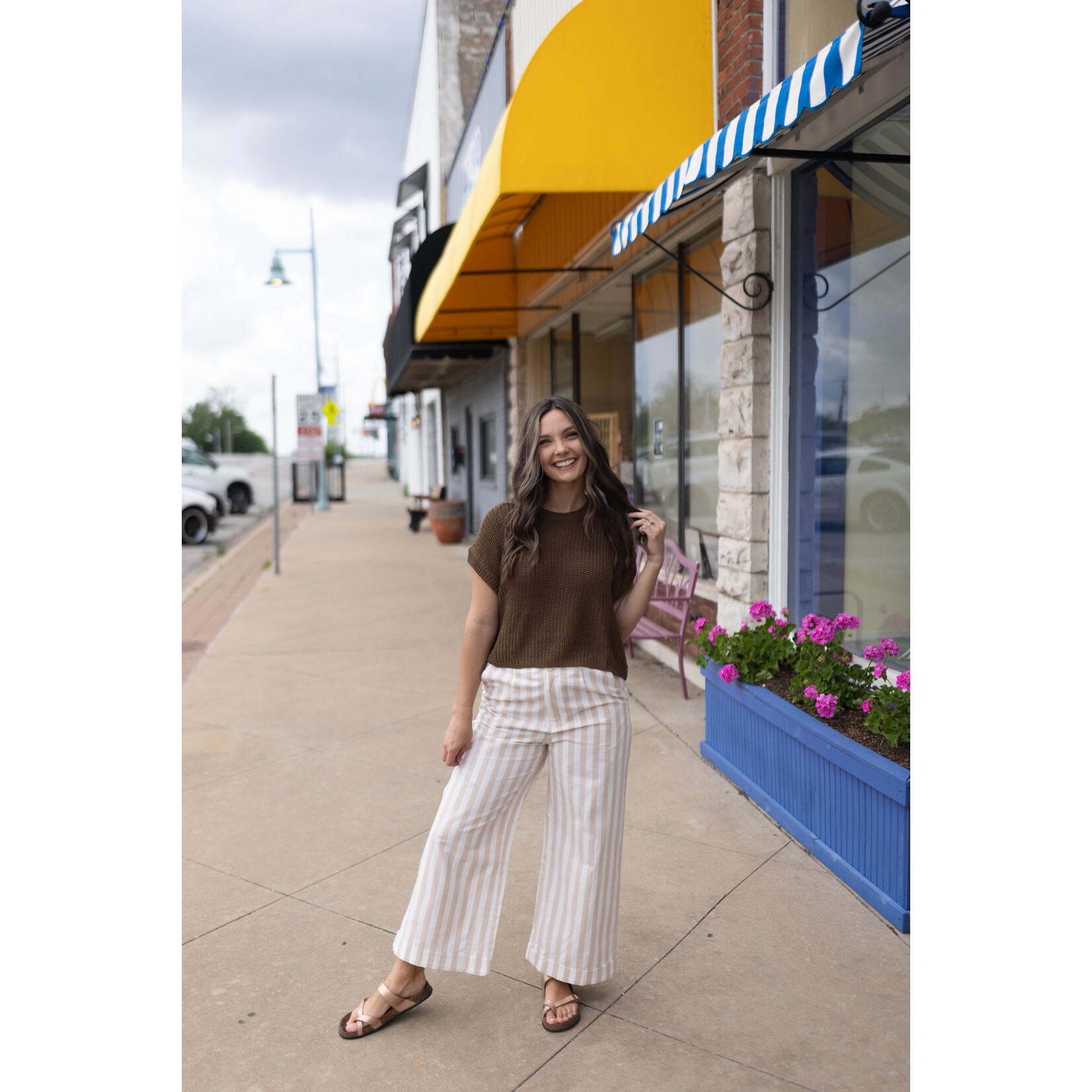 BEIGE LINEN STRIPE PATTERN TROUSERS