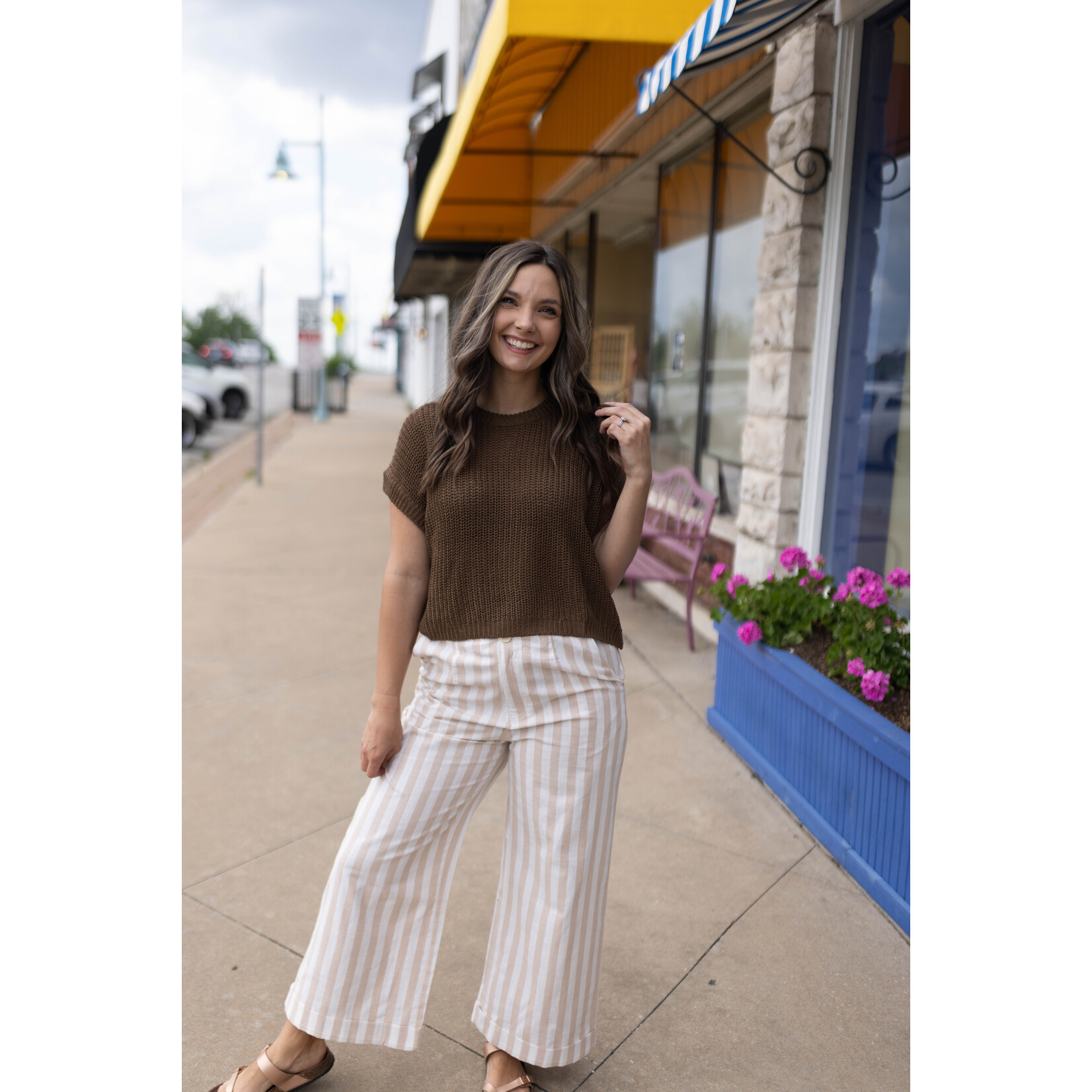 BEIGE LINEN STRIPE PATTERN TROUSERS